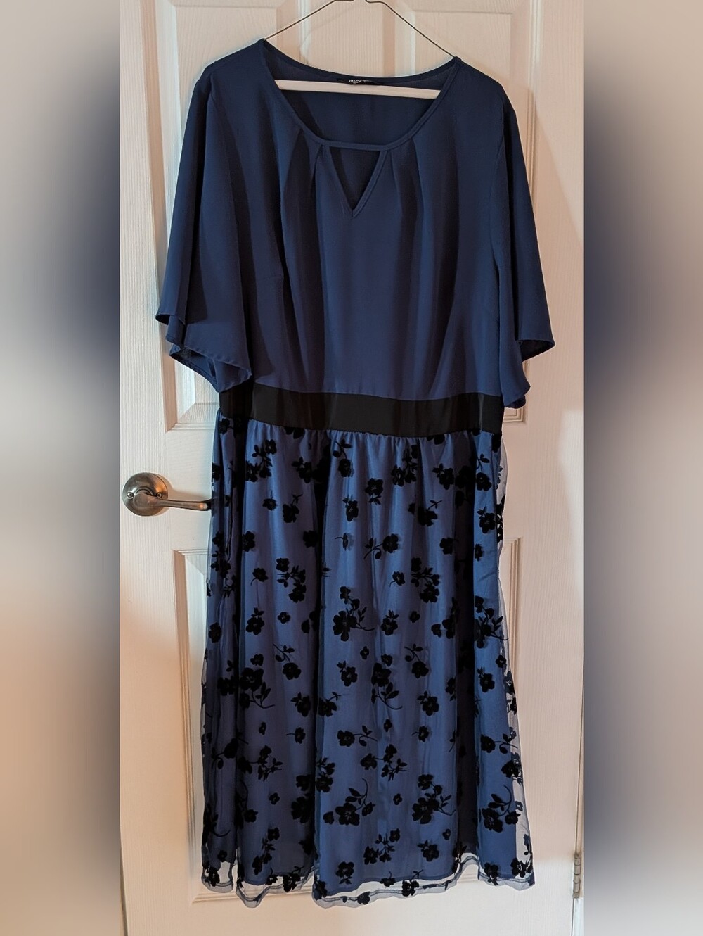 BloomChic Navy Blue Maxi Dress with Black Floral Velvet